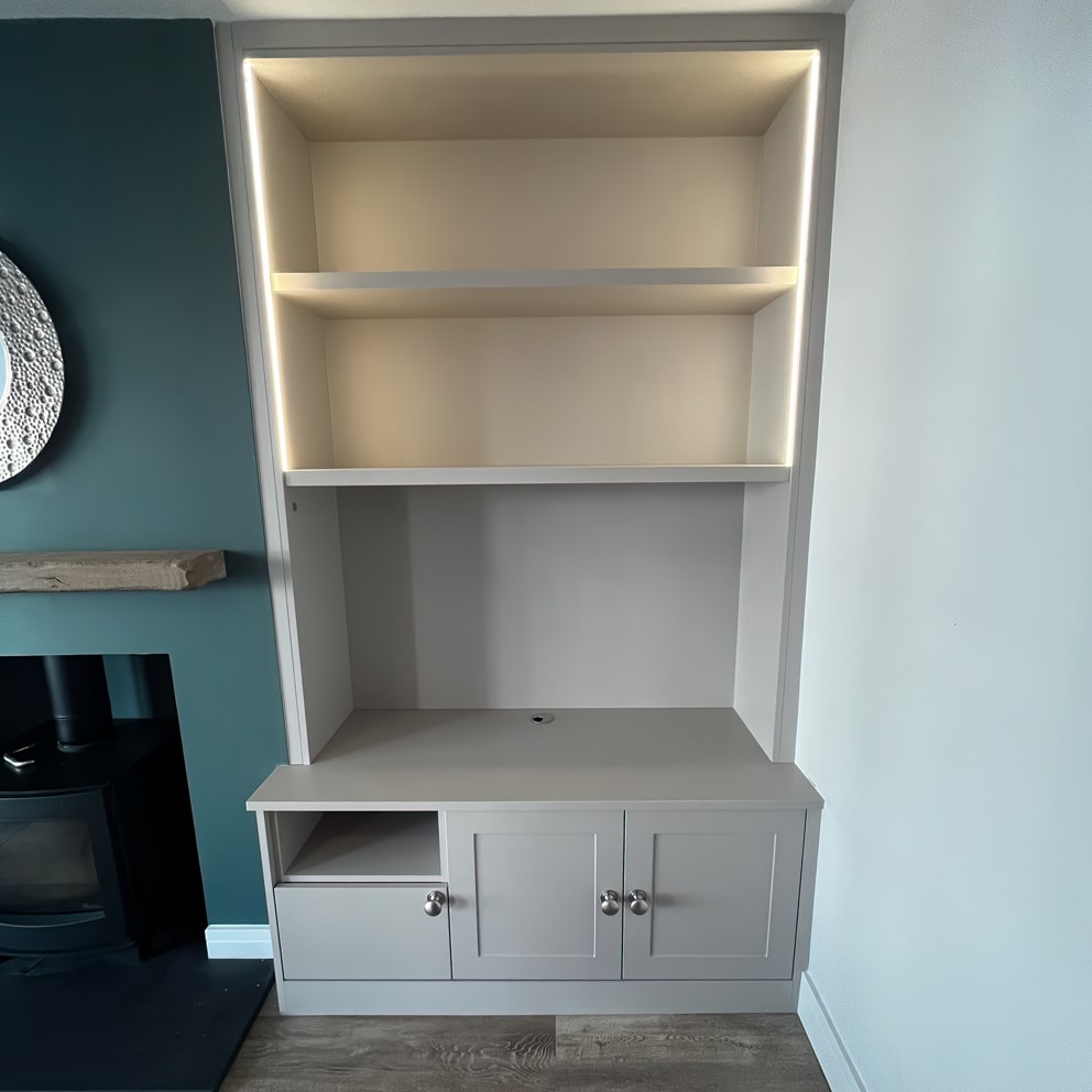 Built in Alcove Bookcase and Cupboards with Integrated LED Lighting